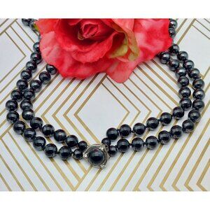 Vintage Black Glass Bead Double Strand Necklace Hidden Silver Tone Clasp 17 Inch